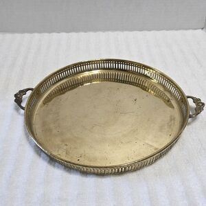 Vintage Brass Platter Serving Tray 12” W/ Ornate Flower Handles Made in India